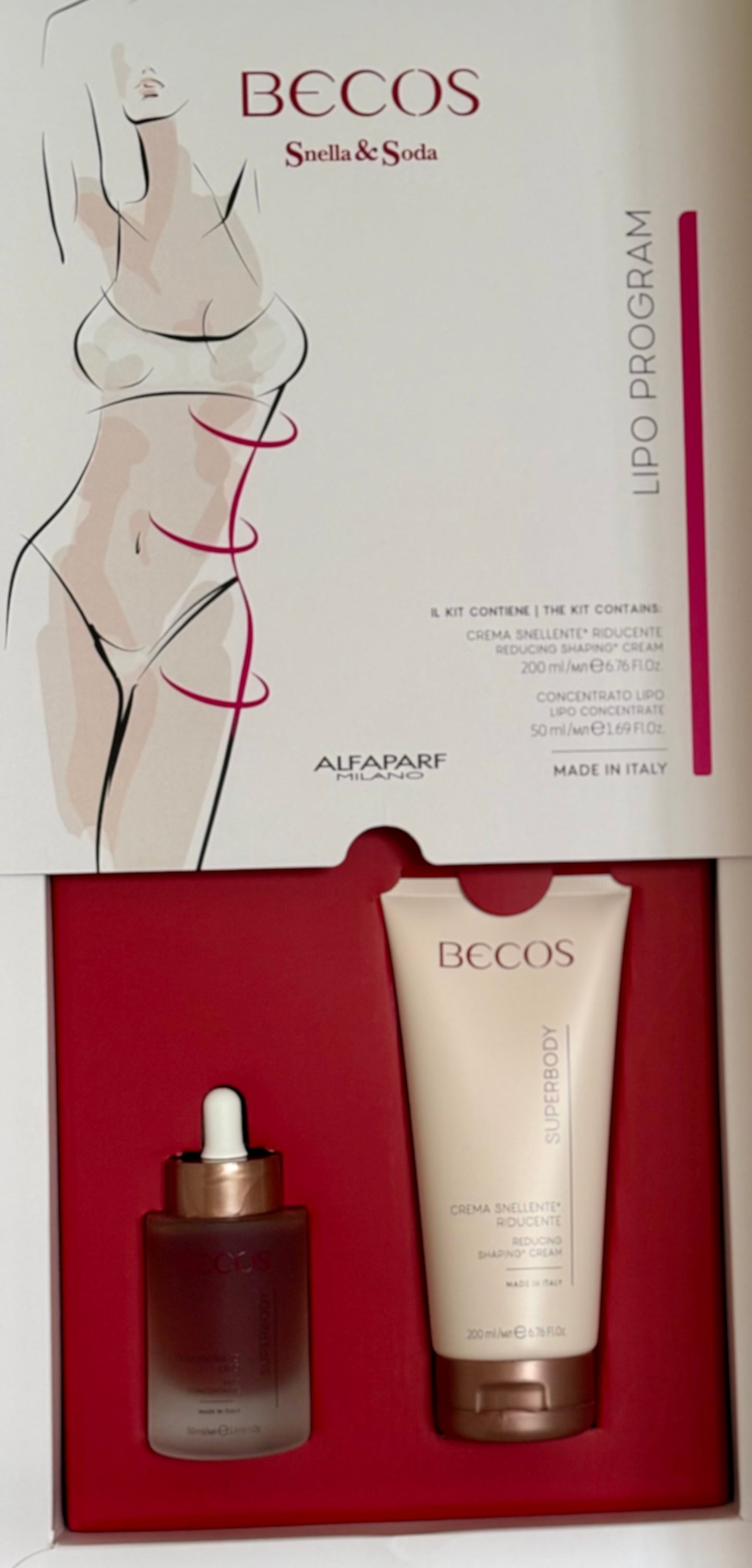 Kit Snella & Soda per l'autocura domiciliare, con azione snellente. Contiene: 1 Concentrato lipo e 1 crema snellente riducente