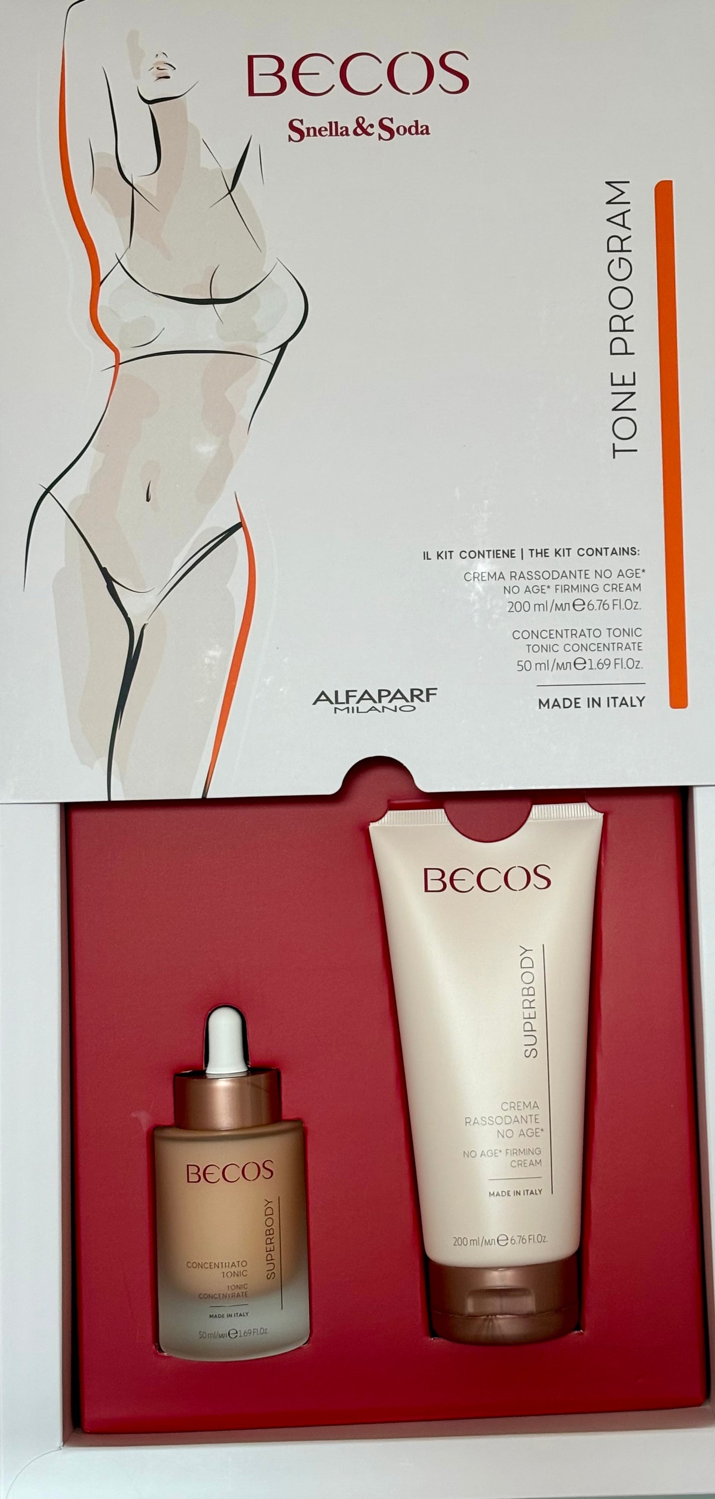 Kit Snella & Soda per l'autocura domiciliare, con azione tonificante. Contiene: 1 Concentrato Tonic e 1 Crema rassodante no age