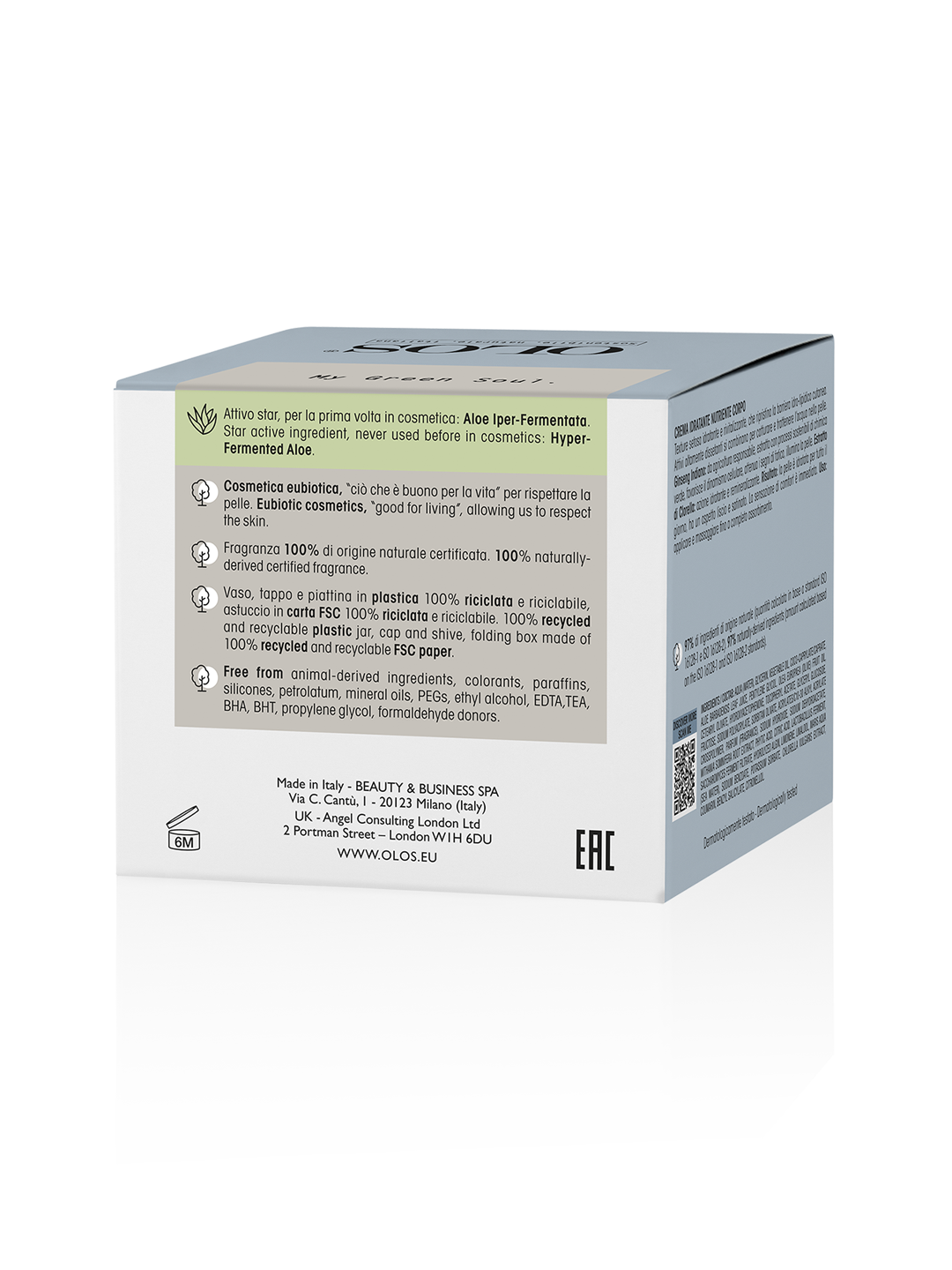 OLOS CREMA IDRATANTE NUTRIENTE CORPO. Crema setosa idratante e rivitalizzante, che ripristina e la barriera idro-lipidica cutanea. Attivi altamente dissetanti si combinano per catturare e trattenere l’acqua nella pelle. Adatta a tutte le tipologie di pelle.