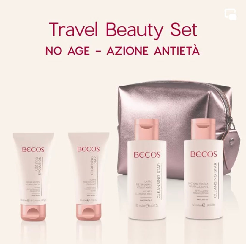 Scegli questa idea regalo DI BELLEZZA per te o un'amica, una beauty routine quotidiana anti-età Becos in un unico kit composto da: 1 latte detergente indratante flacone 50 ml 1 tonico rivitalizzante flacone 50 ml 1 scrub rinnovante tubo 30 ml 1 crema anti-età con fattore di protezione 30 tubo 30 ml