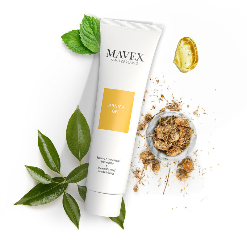 MAVEX - FITOCEUTICI - ARNICA GEL. Gel lenitivo a rapido assorbimento, un alleato fondamentale da utilizzare in caso di contusioni, dolori articolari e contratture muscolari. A base di tintura di Arnica Montana (13%) e di altri estratti vegetali, come Menta Piperita, Artiglio del diavolo, Malva, e Canfora.