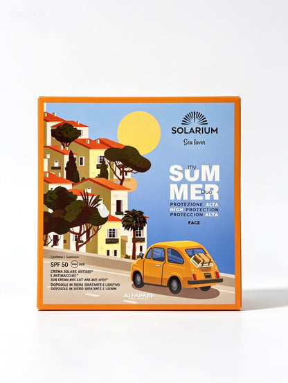 Un kit con CREMA SOLARE VISO ANTIAGE E ANTIMACCHIE SPF50+ tubo 50ml. e SIERO DOPOSOLE VISO IDRATANTE E LENITIVO flacone 50 ml.