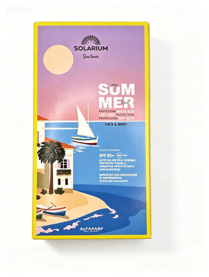 Un kit con LATTE SOLARE SPF 50+ flacone 150 
DOPOSOLE CON PROLUNGATORE DI ABBRONZATURA tubo 250 ml