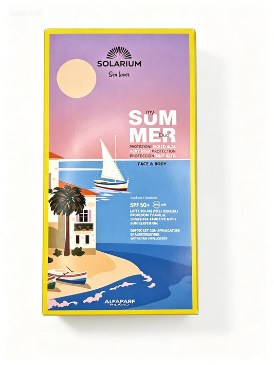 Un kit con LATTE SOLARE SPF 50+ flacone 150 
DOPOSOLE CON PROLUNGATORE DI ABBRONZATURA tubo 250 ml