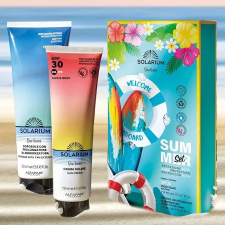 Summer set con fattore di protezione 30 composto da:
Un’efficace protezione in crema per un’abbronzatura intensa e luminosa nel rispetto della pelle e dell’ecosistema marino 150 ml.
1 doposole prolungatore abbronzatura 250 ml
