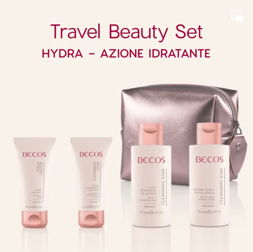 Regalati o regala ad un'amica questa beauty routine quotidiana viso idratante della linea Becos, un unico kit composto da:  1 latte detergente idratante flacone 50 ml  1 tonico rivitalizzante flacone 50 ml  1 scrub rinnovante tubo 30 ml  1 crema idratante tubo 30 ml